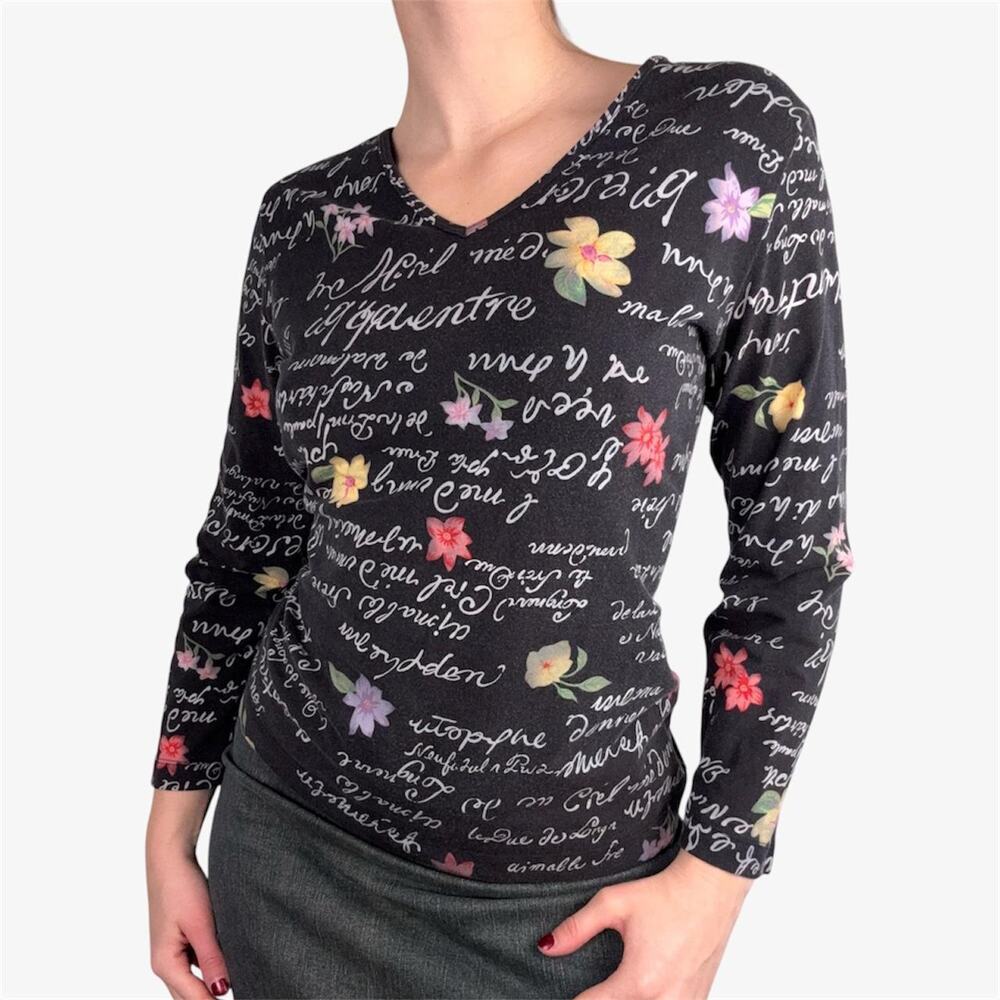 Rafaella black graphic printed script and floral 3/4 sleeve, euro style - size M